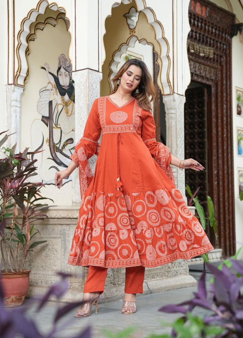 Elegant Cotton Anarkali Kurta Pant Dupatta Set with Hand & Adda Work