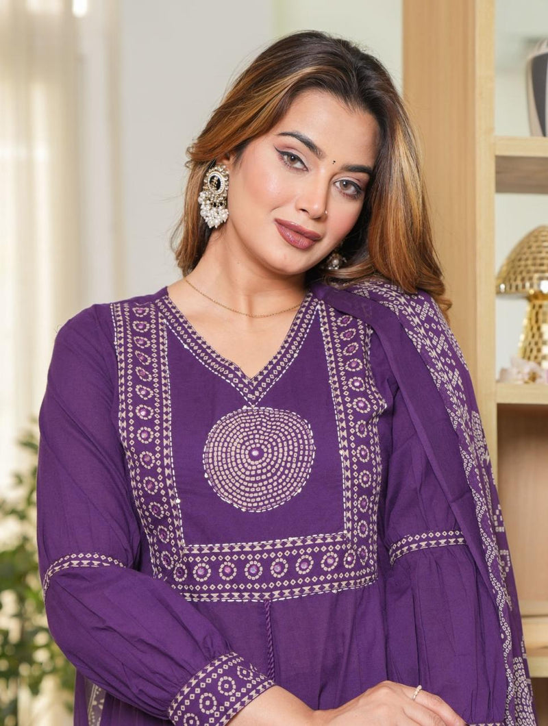 Elegant Cotton Anarkali Kurta Pant Dupatta Set with Hand & Adda Work