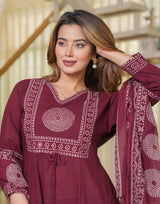 Elegant Cotton Anarkali Kurta Pant Dupatta Set with Hand & Adda Work