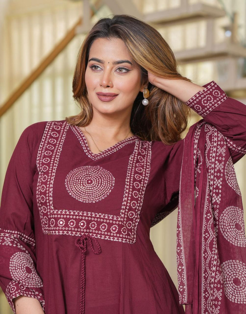 Elegant Cotton Anarkali Kurta Pant Dupatta Set with Hand & Adda Work