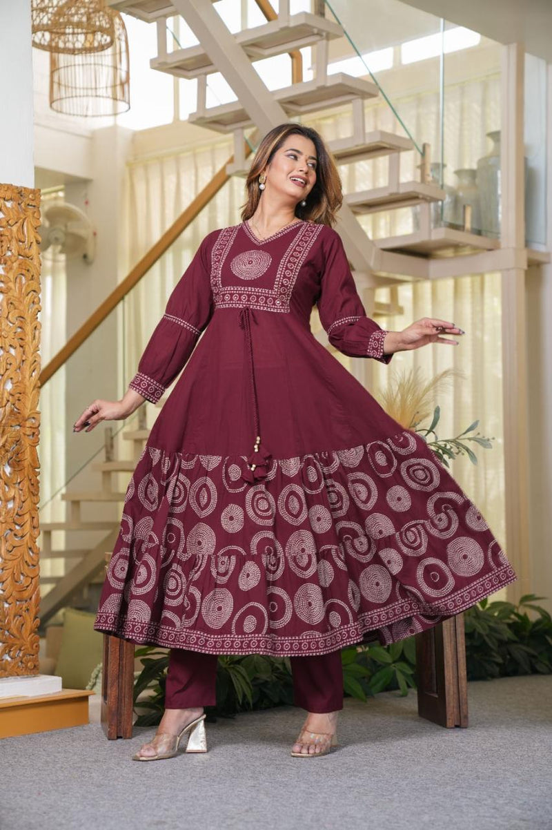Elegant Cotton Anarkali Kurta Pant Dupatta Set with Hand & Adda Work