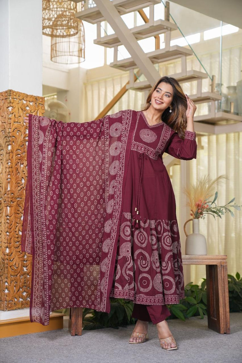 Elegant Cotton Anarkali Kurta Pant Dupatta Set with Hand & Adda Work