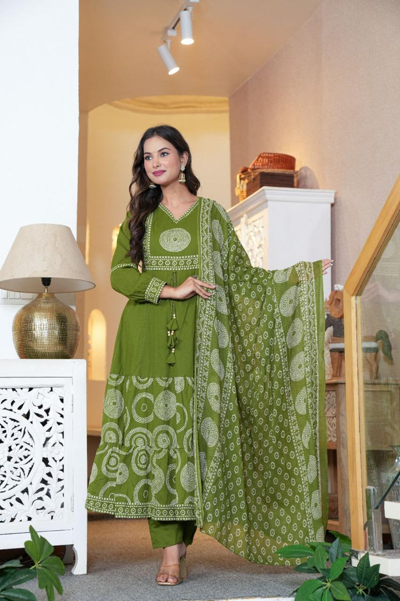 Elegant Cotton Anarkali Kurta Pant Dupatta Set with Hand & Adda Work