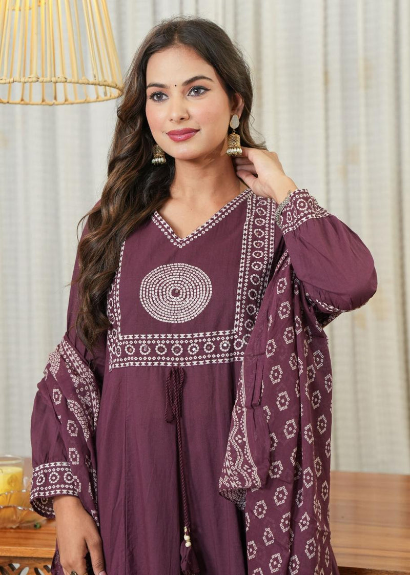 Elegant Cotton Anarkali Kurta Pant Dupatta Set with Hand & Adda Work