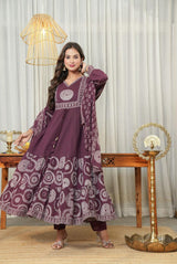 Elegant Cotton Anarkali Kurta Pant Dupatta Set with Hand & Adda Work