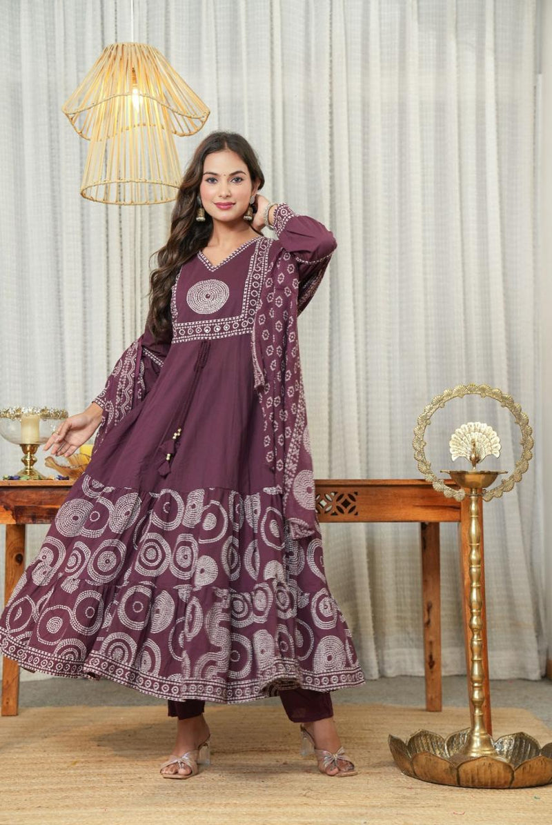 Elegant Cotton Anarkali Kurta Pant Dupatta Set with Hand & Adda Work