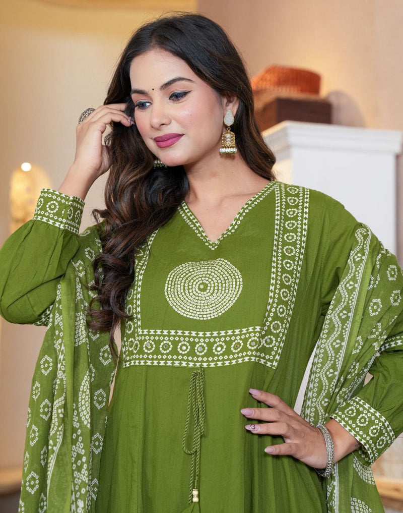 Elegant Cotton Anarkali Kurta Pant Dupatta Set with Hand & Adda Work