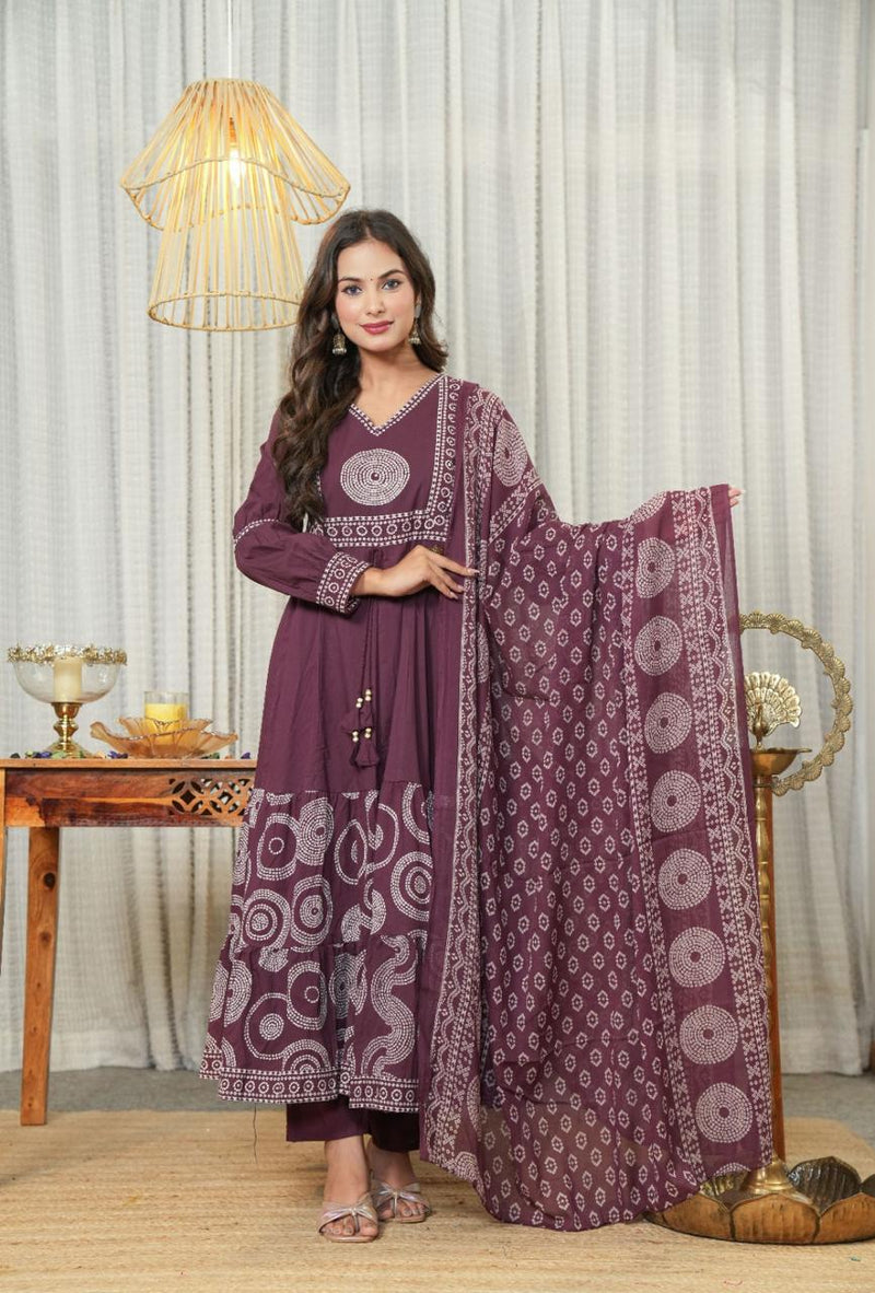 Elegant Cotton Anarkali Kurta Pant Dupatta Set with Hand & Adda Work
