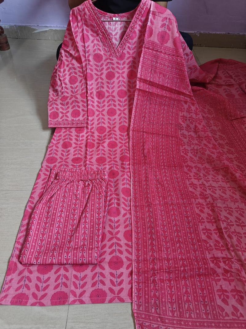 Elegant Cotton 60x60 A-Line Kurti Pant Dupatta Set with Embroidery