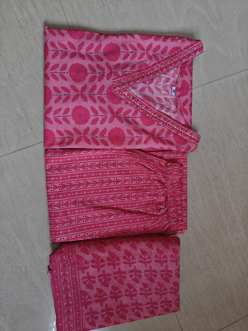 Elegant Cotton 60x60 A-Line Kurti Pant Dupatta Set with Embroidery