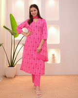 Elegant Cotton 60x60 A-Line Kurti Pant Dupatta Set with Embroidery