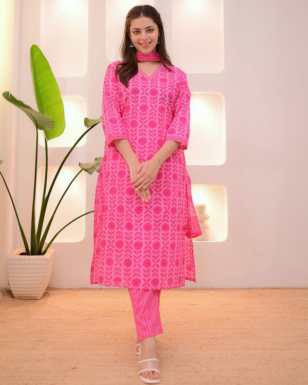 Elegant Cotton 60x60 A-Line Kurti Pant Dupatta Set with Embroidery