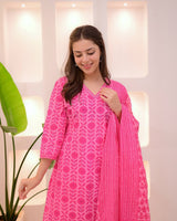 Elegant Cotton 60x60 A-Line Kurti Pant Dupatta Set with Embroidery