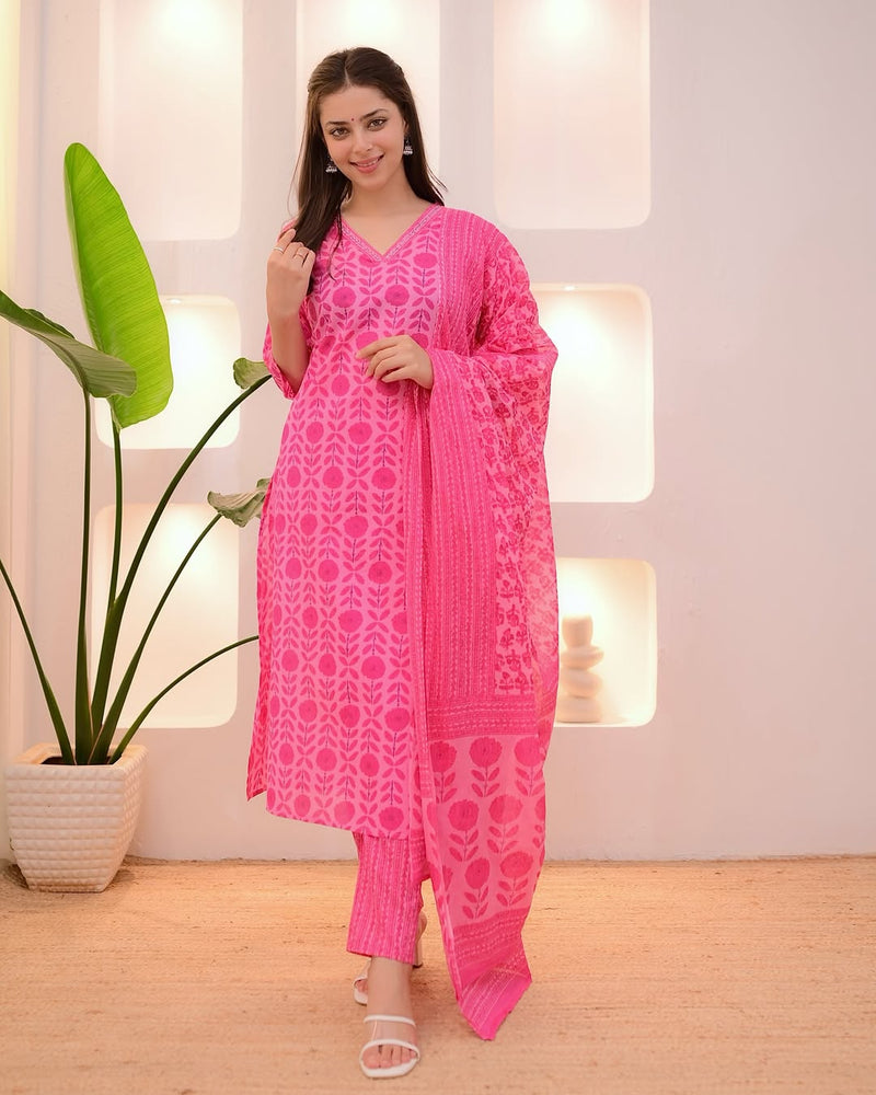 Elegant Cotton 60x60 A-Line Kurti Pant Dupatta Set with Embroidery
