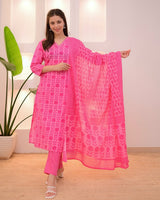Elegant Cotton 60x60 A-Line Kurti Pant Dupatta Set with Embroidery
