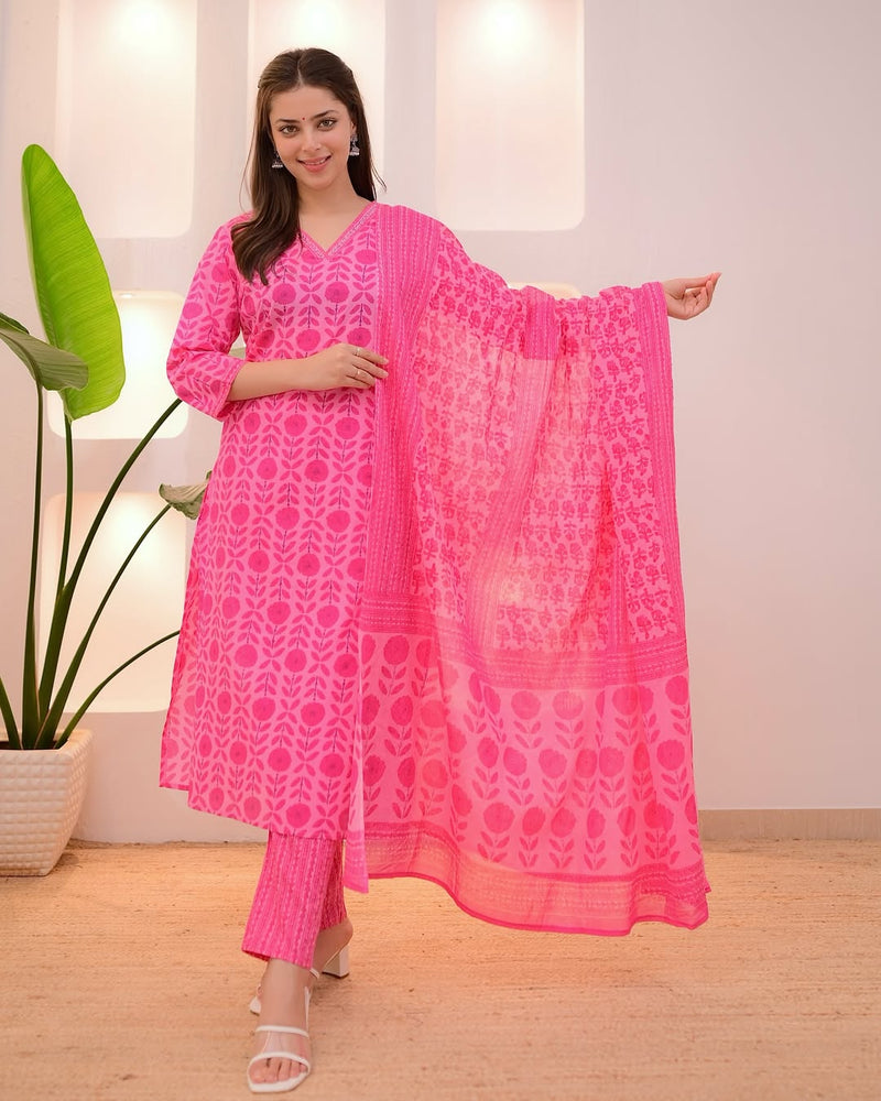 Elegant Cotton 60x60 A-Line Kurti Pant Dupatta Set with Embroidery