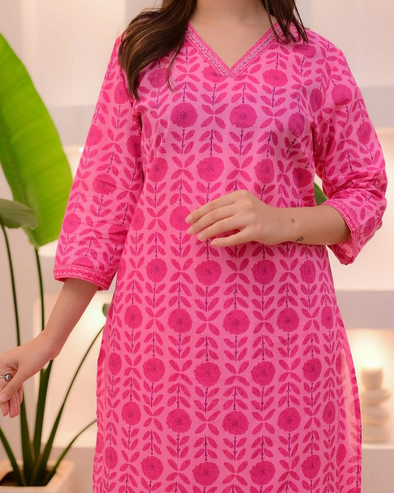 Elegant Cotton 60x60 A-Line Kurti Pant Dupatta Set with Embroidery