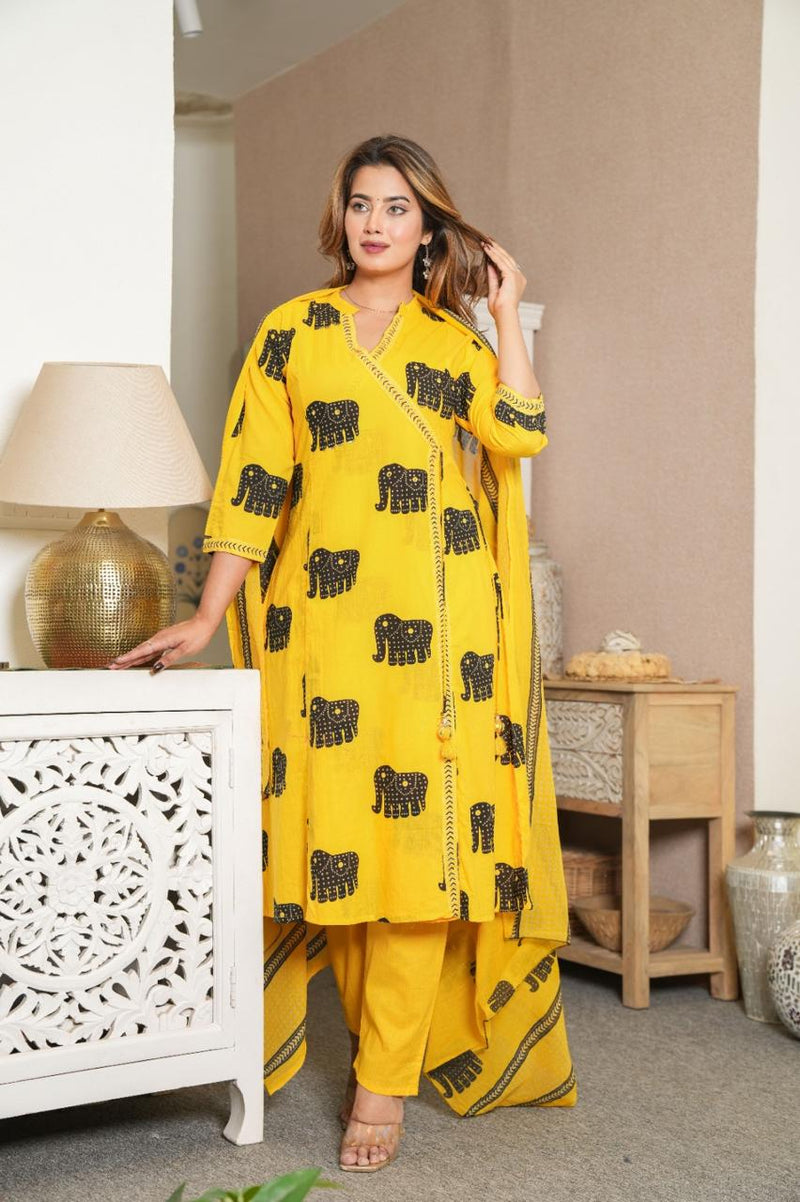 Premium Cotton Elephant Print Kurta Pant Dupatta Set