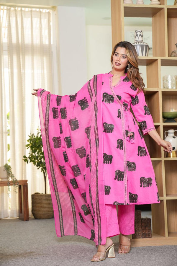 Premium Cotton Elephant Print Kurta Pant Dupatta Set