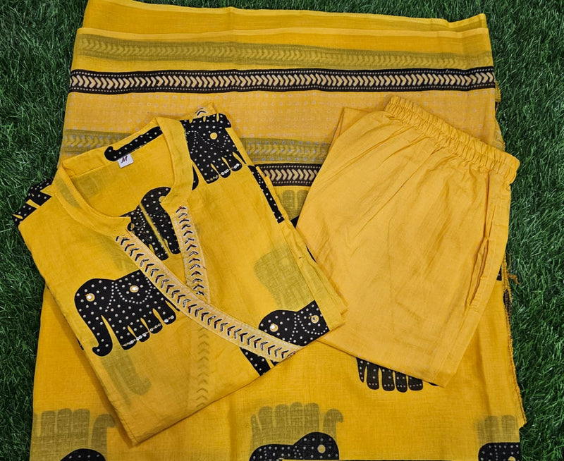 Premium Cotton Elephant Print Kurta Pant Dupatta Set