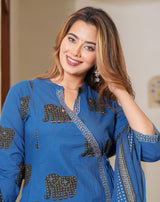 Premium Cotton Elephant Print Kurta Pant Dupatta Set