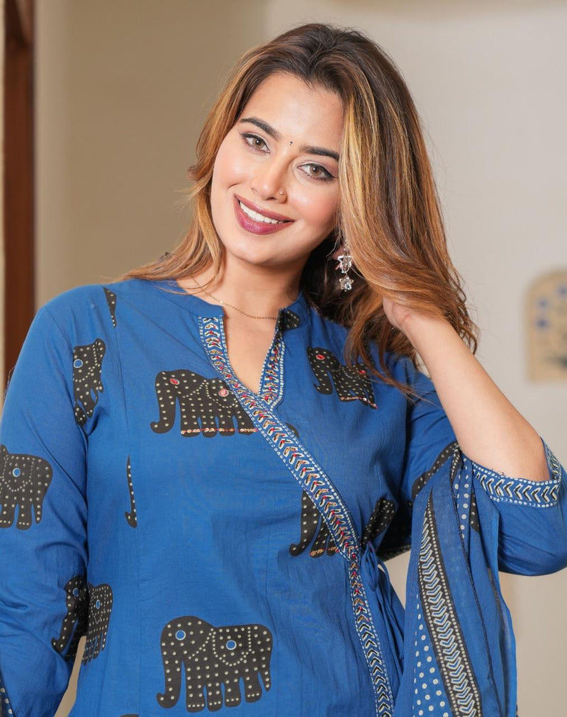Premium Cotton Elephant Print Kurta Pant Dupatta Set
