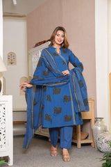 Premium Cotton Elephant Print Kurta Pant Dupatta Set