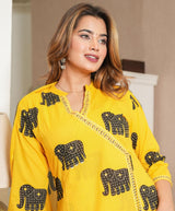 Premium Cotton Elephant Print Kurta Pant Dupatta Set