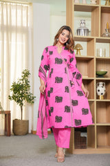 Premium Cotton Elephant Print Kurta Pant Dupatta Set