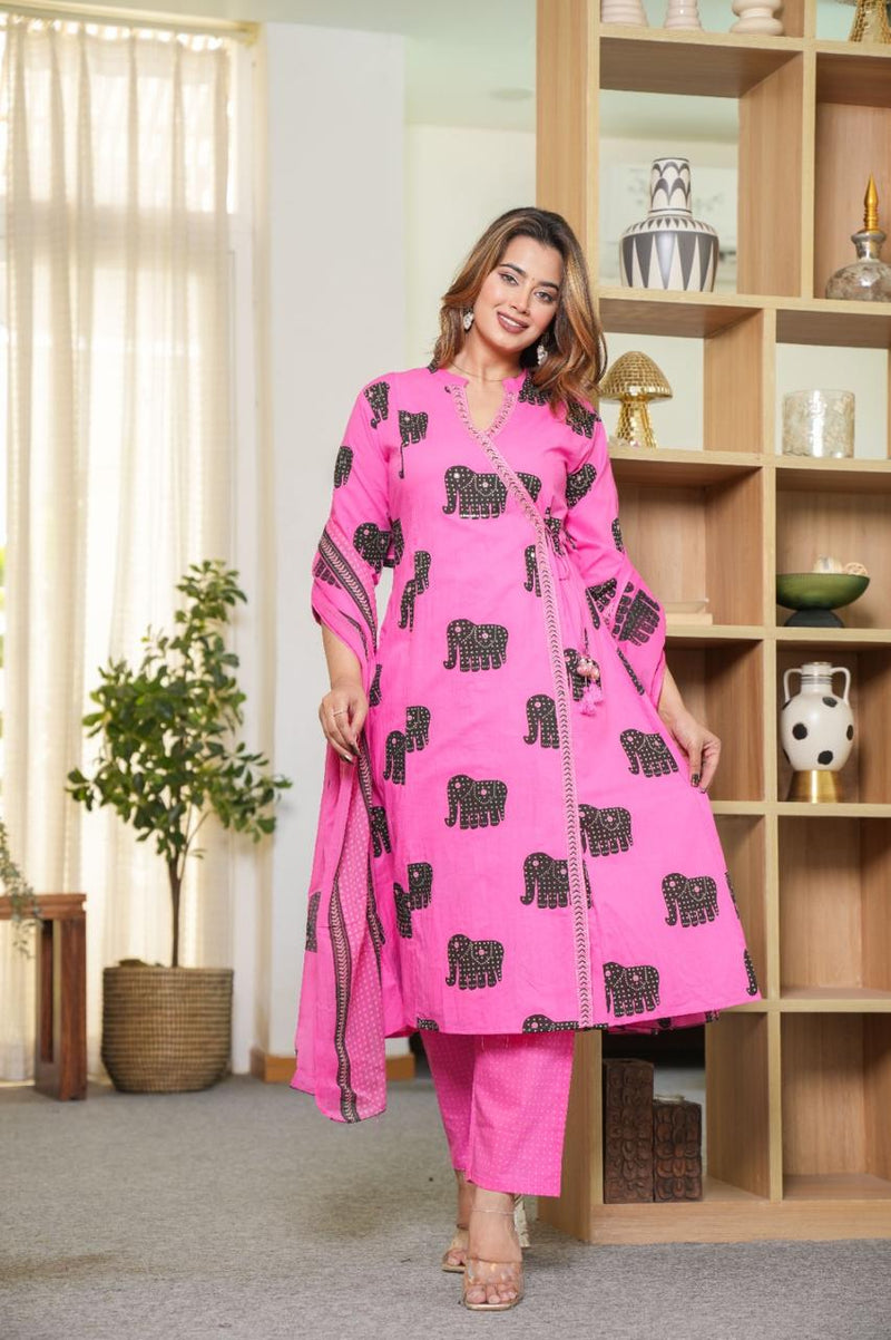 Premium Cotton Elephant Print Kurta Pant Dupatta Set