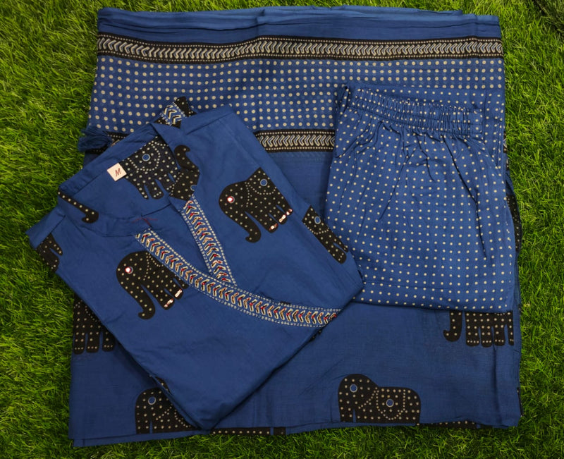 Premium Cotton Elephant Print Kurta Pant Dupatta Set
