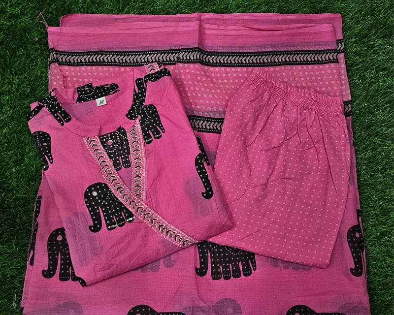 Premium Cotton Elephant Print Kurta Pant Dupatta Set