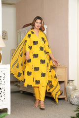 Premium Cotton Elephant Print Kurta Pant Dupatta Set