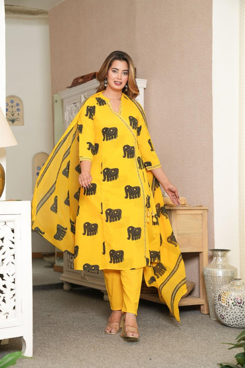 Premium Cotton Elephant Print Kurta Pant Dupatta Set