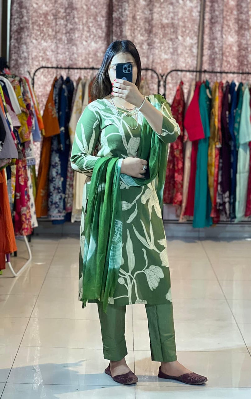 Trendy Cotton Reyon Floral Print Kurta Pant Dupatta Set with Handwork Neck