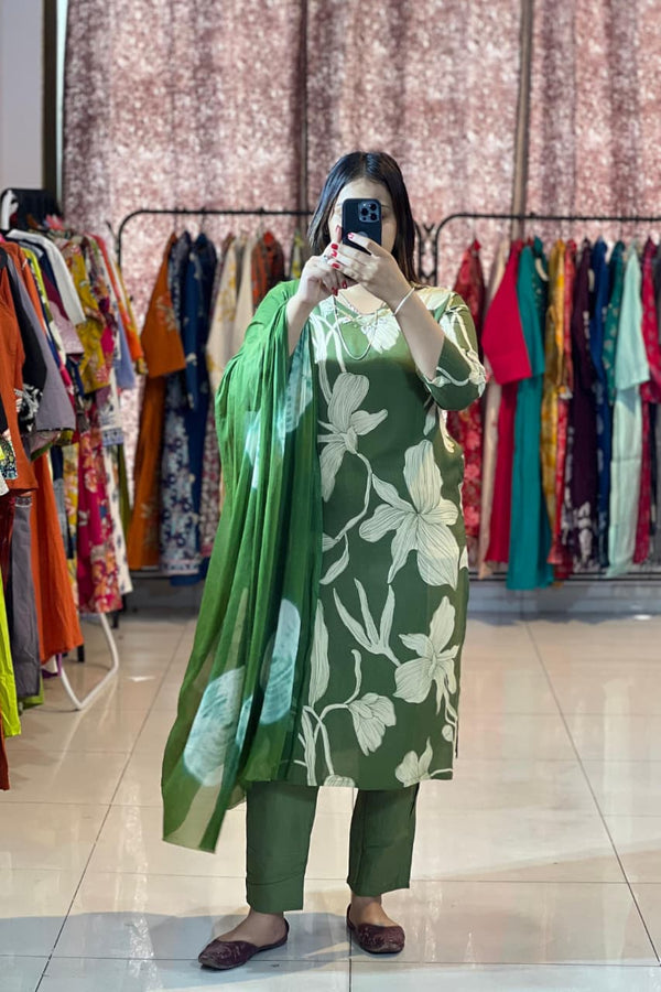 Trendy Cotton Reyon Floral Print Kurta Pant Dupatta Set with Handwork Neck