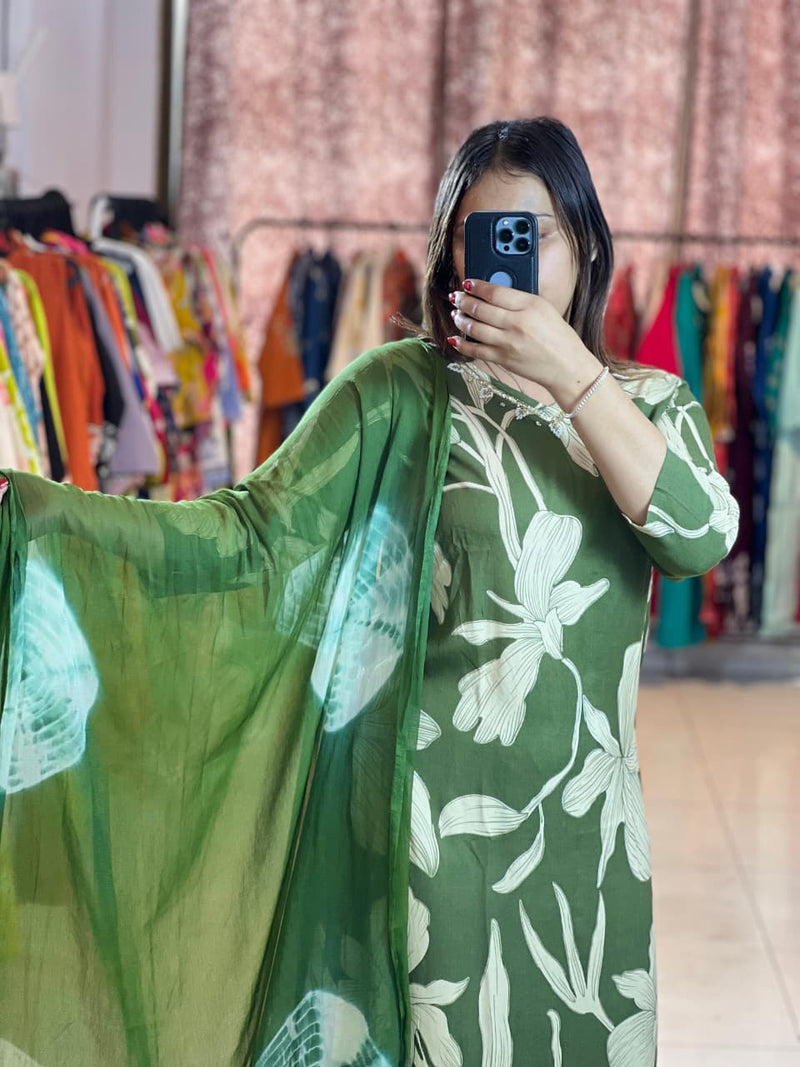 Trendy Cotton Reyon Floral Print Kurta Pant Dupatta Set with Handwork Neck