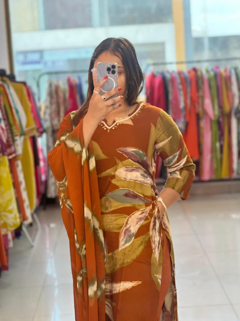 Trendy Cotton Reyon Floral Print Kurta Pant Dupatta Set with Handwork Neck