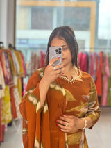 Trendy Cotton Reyon Floral Print Kurta Pant Dupatta Set with Handwork Neck