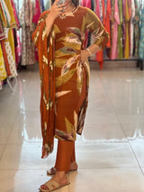 Trendy Cotton Reyon Floral Print Kurta Pant Dupatta Set with Handwork Neck