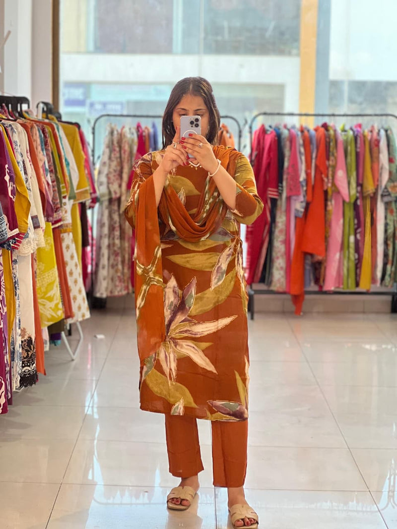 Trendy Cotton Reyon Floral Print Kurta Pant Dupatta Set with Handwork Neck