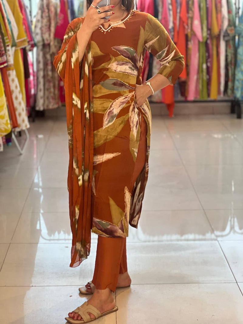 Trendy Cotton Reyon Floral Print Kurta Pant Dupatta Set with Handwork Neck