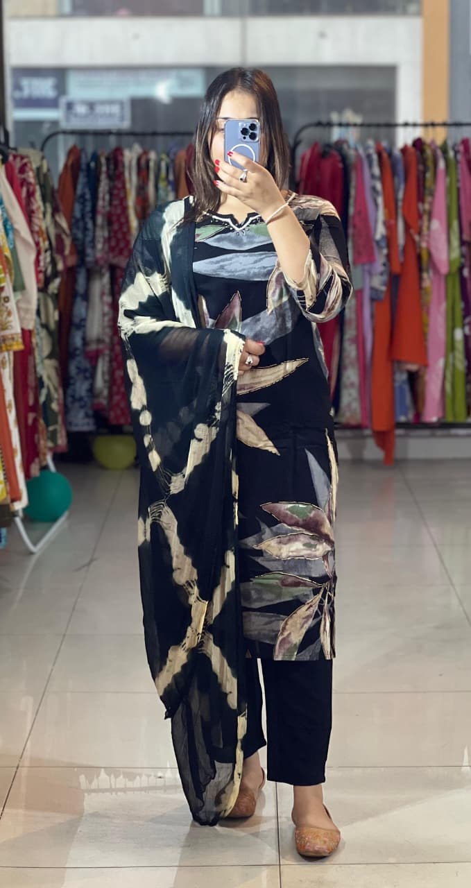 Trendy Cotton Reyon Floral Print Kurta Pant Dupatta Set with Handwork Neck