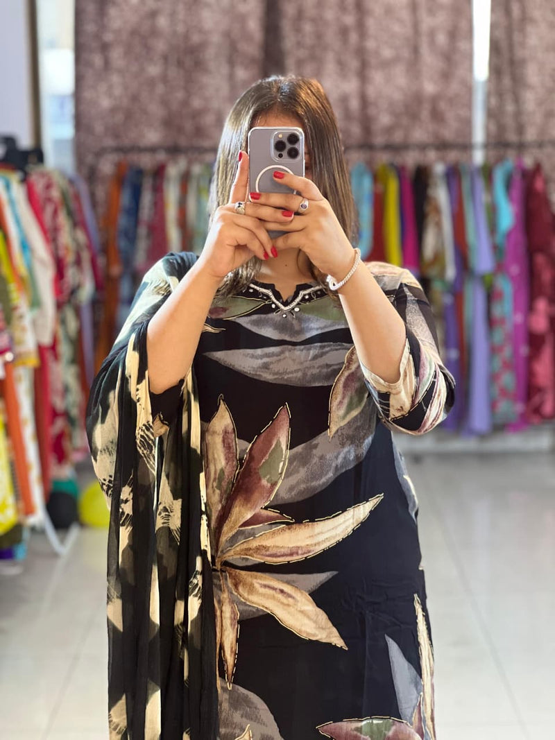 Trendy Cotton Reyon Floral Print Kurta Pant Dupatta Set with Handwork Neck