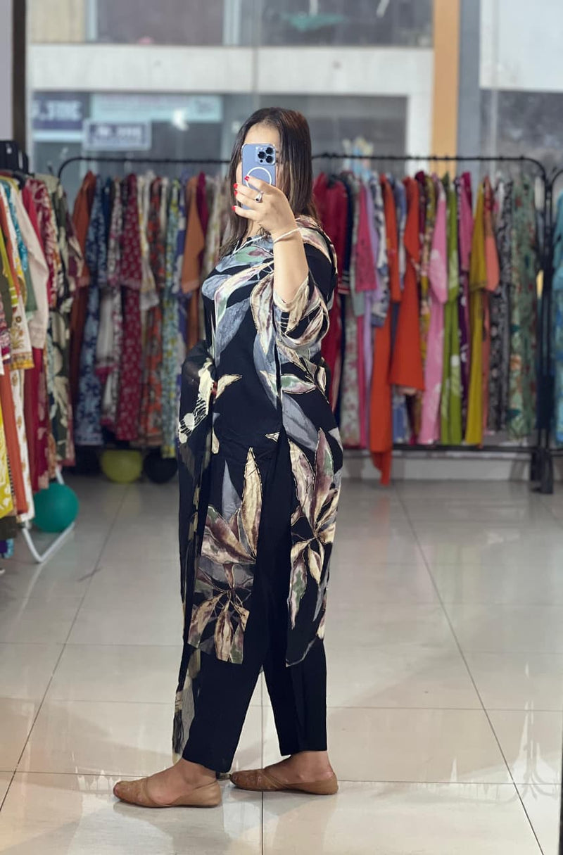 Trendy Cotton Reyon Floral Print Kurta Pant Dupatta Set with Handwork Neck
