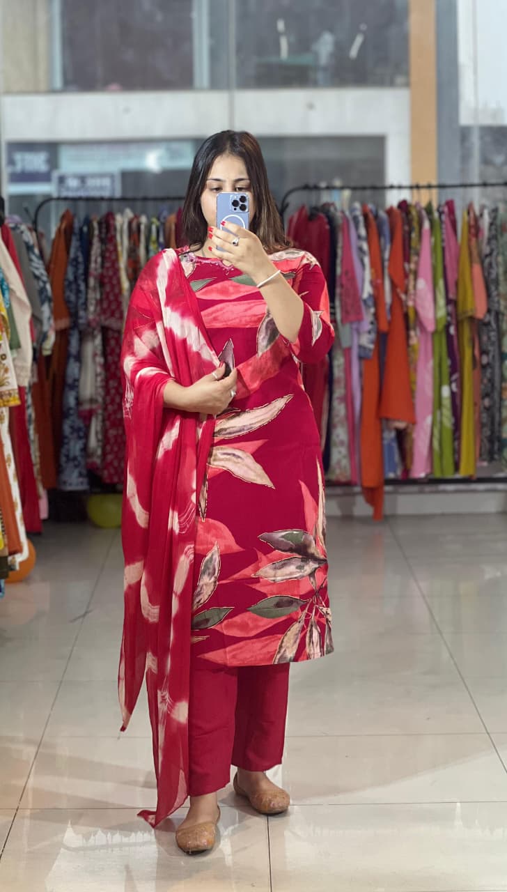 Trendy Cotton Reyon Floral Print Kurta Pant Dupatta Set with Handwork Neck