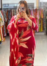 Trendy Cotton Reyon Floral Print Kurta Pant Dupatta Set with Handwork Neck