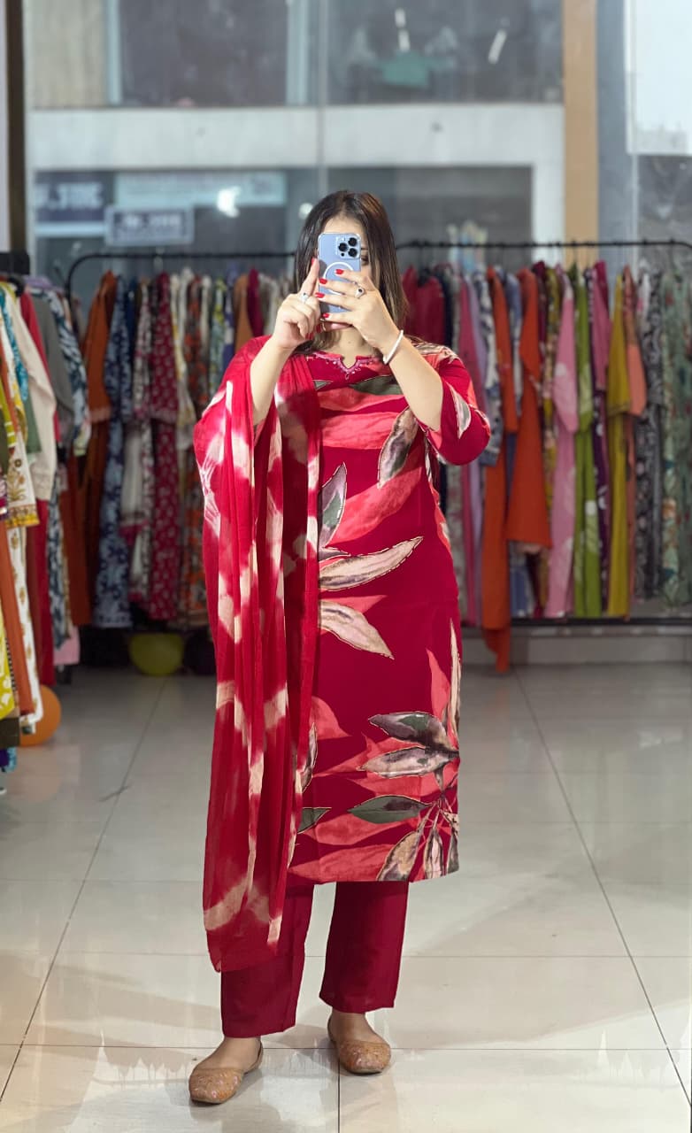 Trendy Cotton Reyon Floral Print Kurta Pant Dupatta Set with Handwork Neck