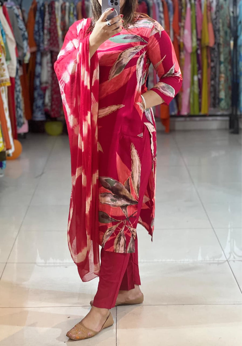 Trendy Cotton Reyon Floral Print Kurta Pant Dupatta Set with Handwork Neck