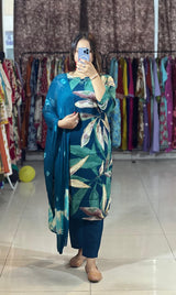 Trendy Cotton Reyon Floral Print Kurta Pant Dupatta Set with Handwork Neck